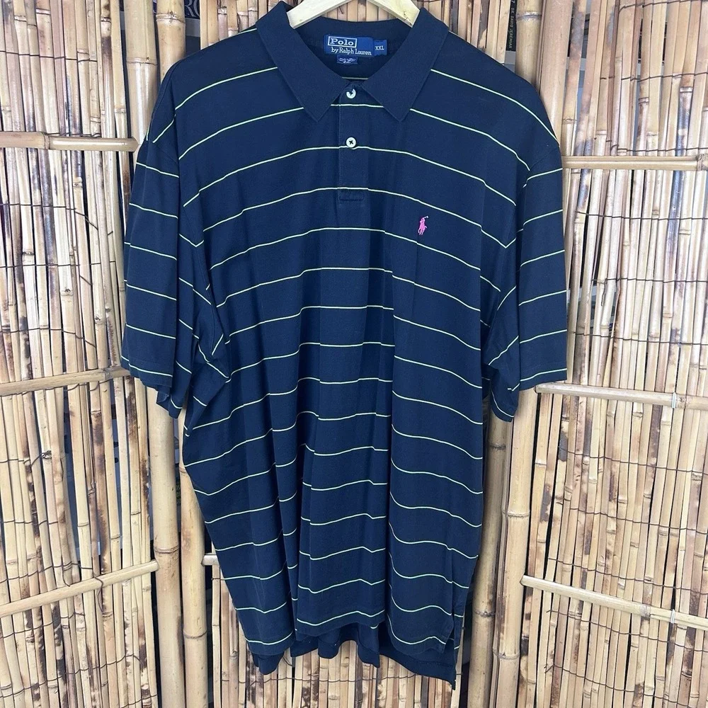 POLO Ralph Lauren Pima Cotton Black Green Stripe Pink Pony SS Preppy Shirt - XXL
